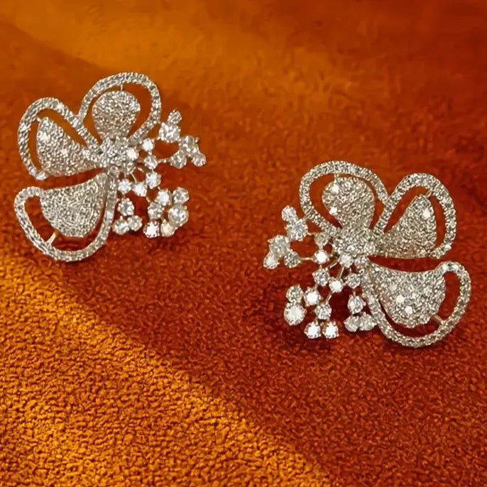 Cubic Zirconia Plant Flower Stud Earrings Silver Jewelry for Women