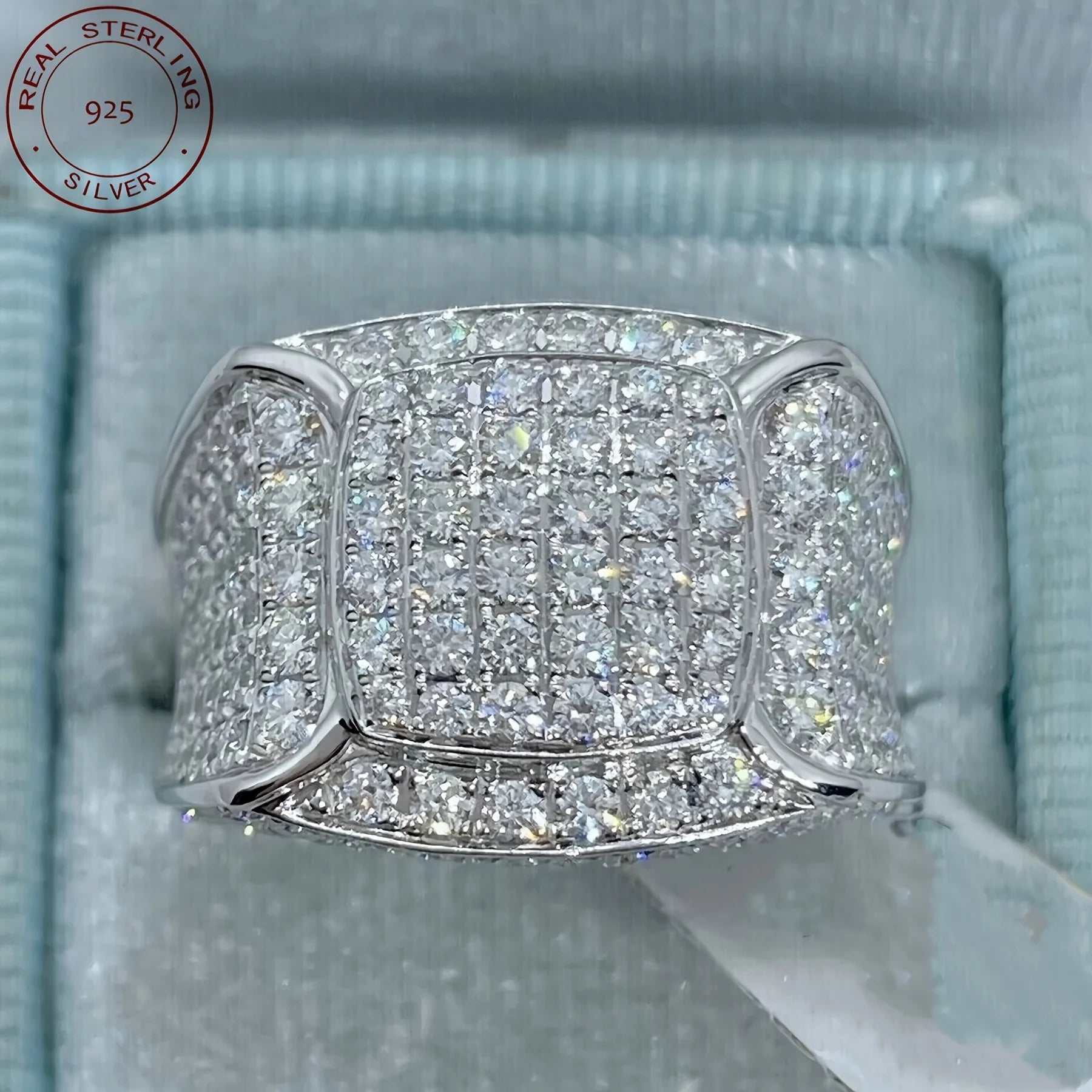 2025 Luxury 925 Sterling Silver Iced Out Square Men’s Hip Hop Wedding Band Ring