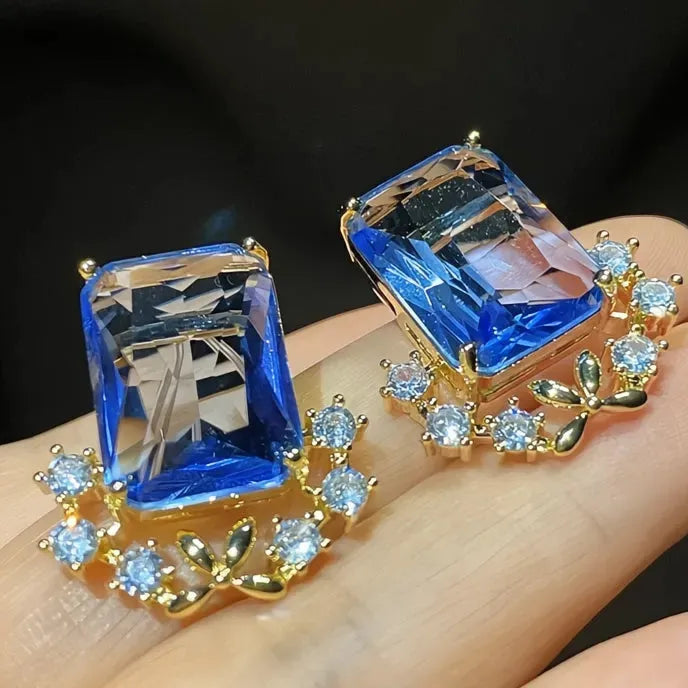 Aesthetic Women Geometric Cubic Zirconia Stud Earrings Blue CZ Wedding Jewelry