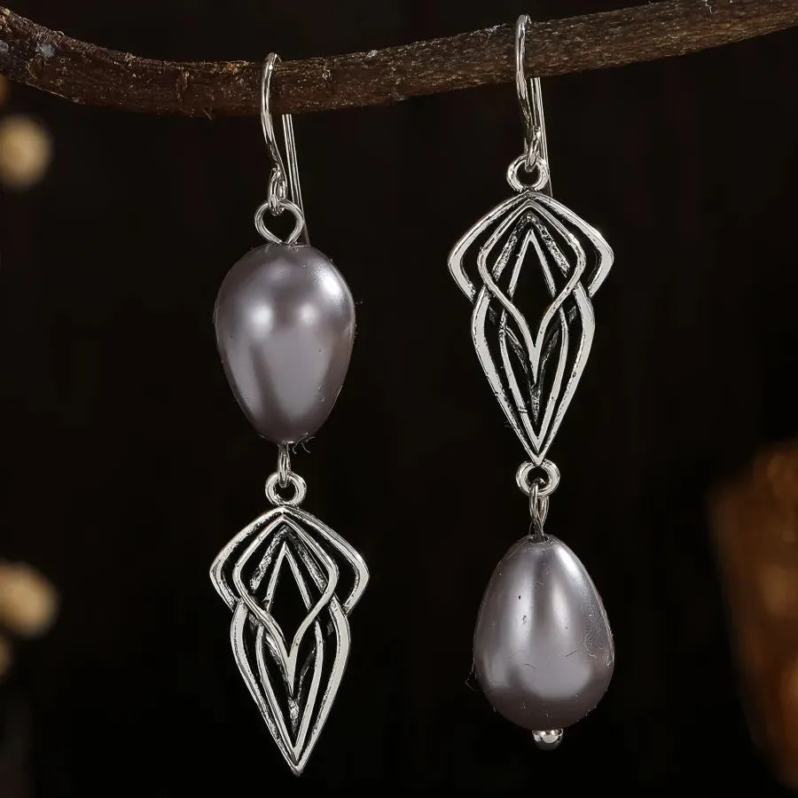 Fashion Flower Imitation Pearl Dangle Earrings Silver Zinc Alloy for Women