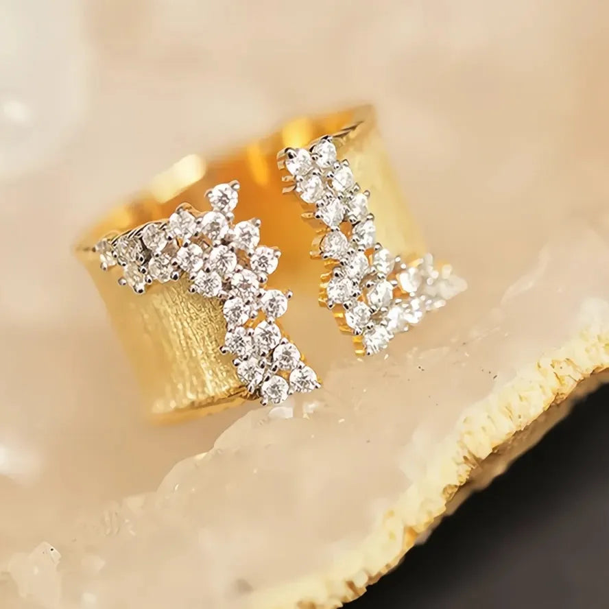 Luxury Gold Color Cubic Zirconia Geometric Wide Band Ring for Women Brass OL Style Jewelry