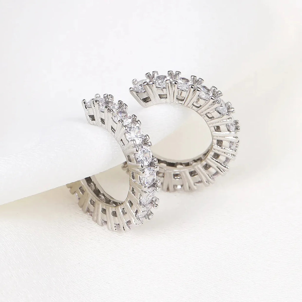 2Pcs Zinc Alloy Full Rhinestone Geometric C Shape Clip Earrings Women