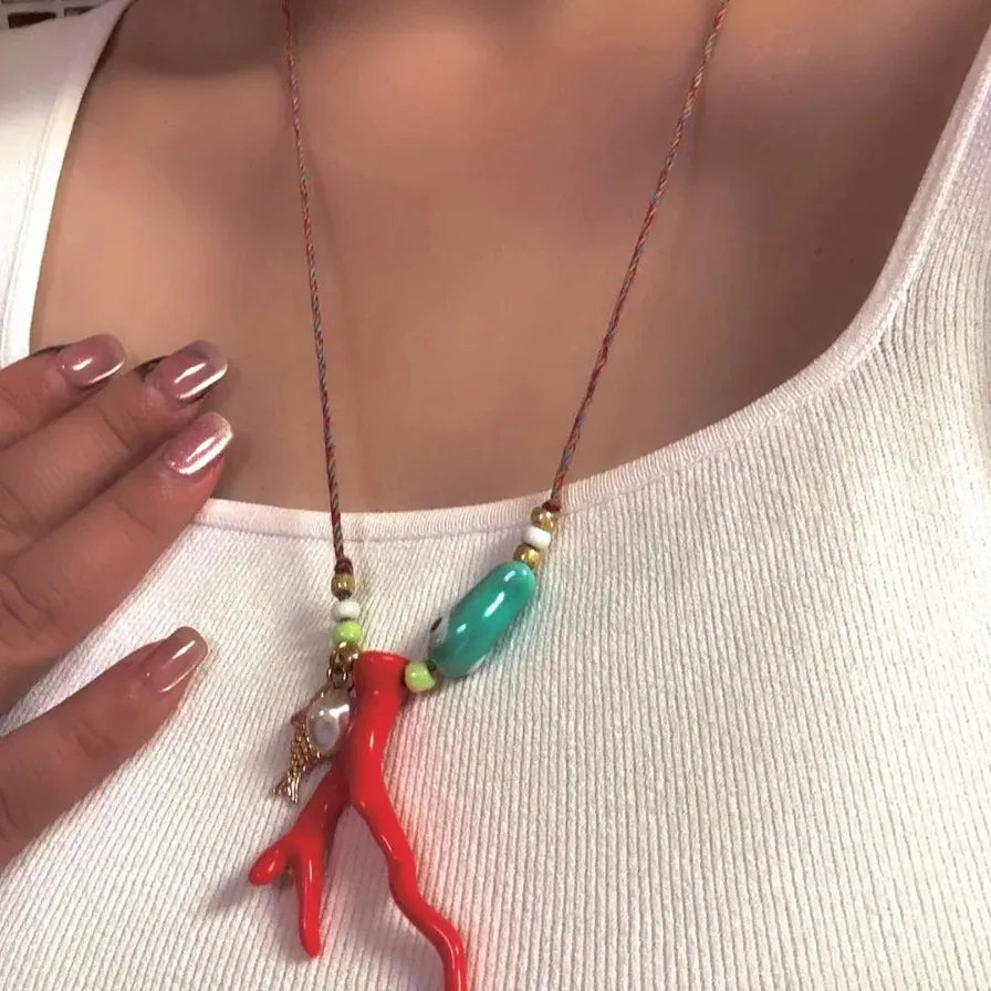 18k Gold Plated Ocean Coral Fish Pendant Necklace Adjustable Rope Choker Women
