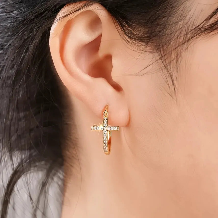 Gold Cross Hoop Earrings for Women Cubic Zirconia Inlaid Trendy Chic Wedding Jewelry