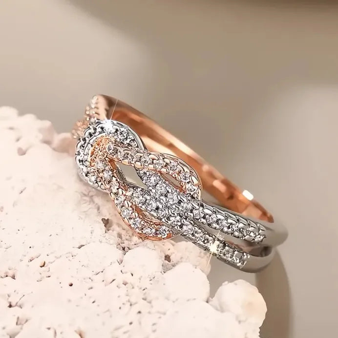 Two-tone Brass Women's Wedding Band Ring with Cubic Zirconia Sparkle