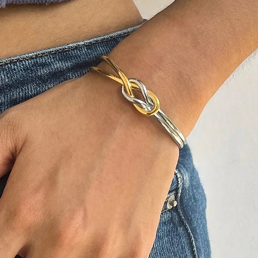 French Style Two-tone Knot Geometric Stainless Steel Cuff Bracelet Women