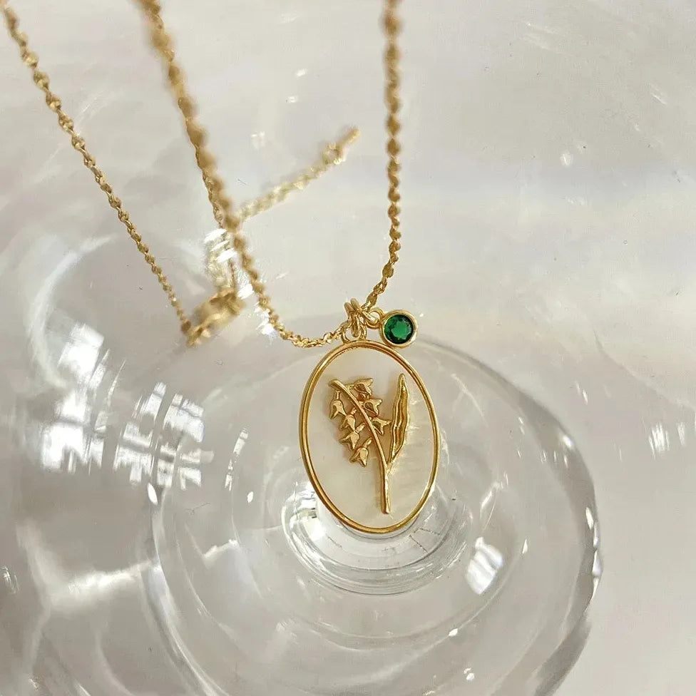 12 Month Birthday Flower Pendant Necklace Stainless Steel White Shell Choker Jewelry
