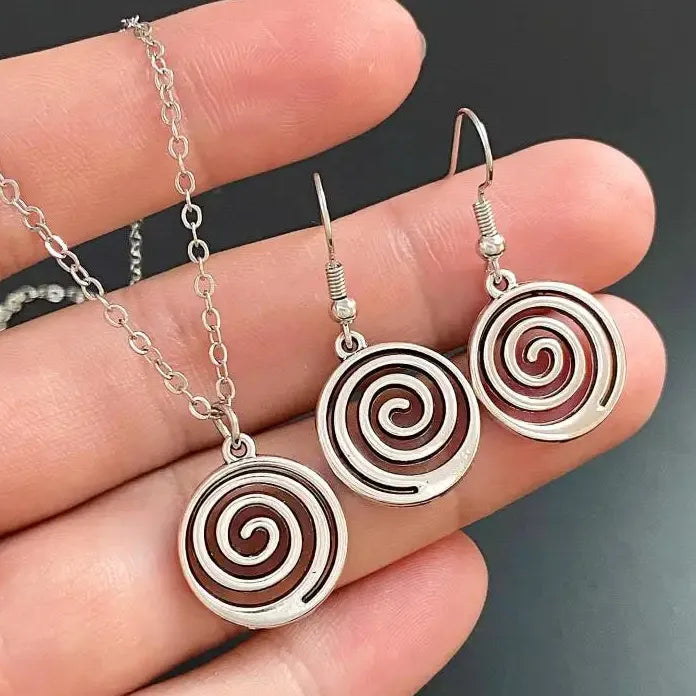 Vintage 90s Silver Spiral Vortex Jewelry Set Earrings and Necklace Women