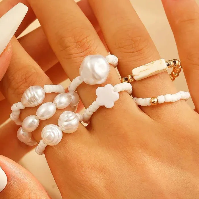 Cross Beads Ring Set for Women Ethnic Retro Blue Stone Jewelry Gift