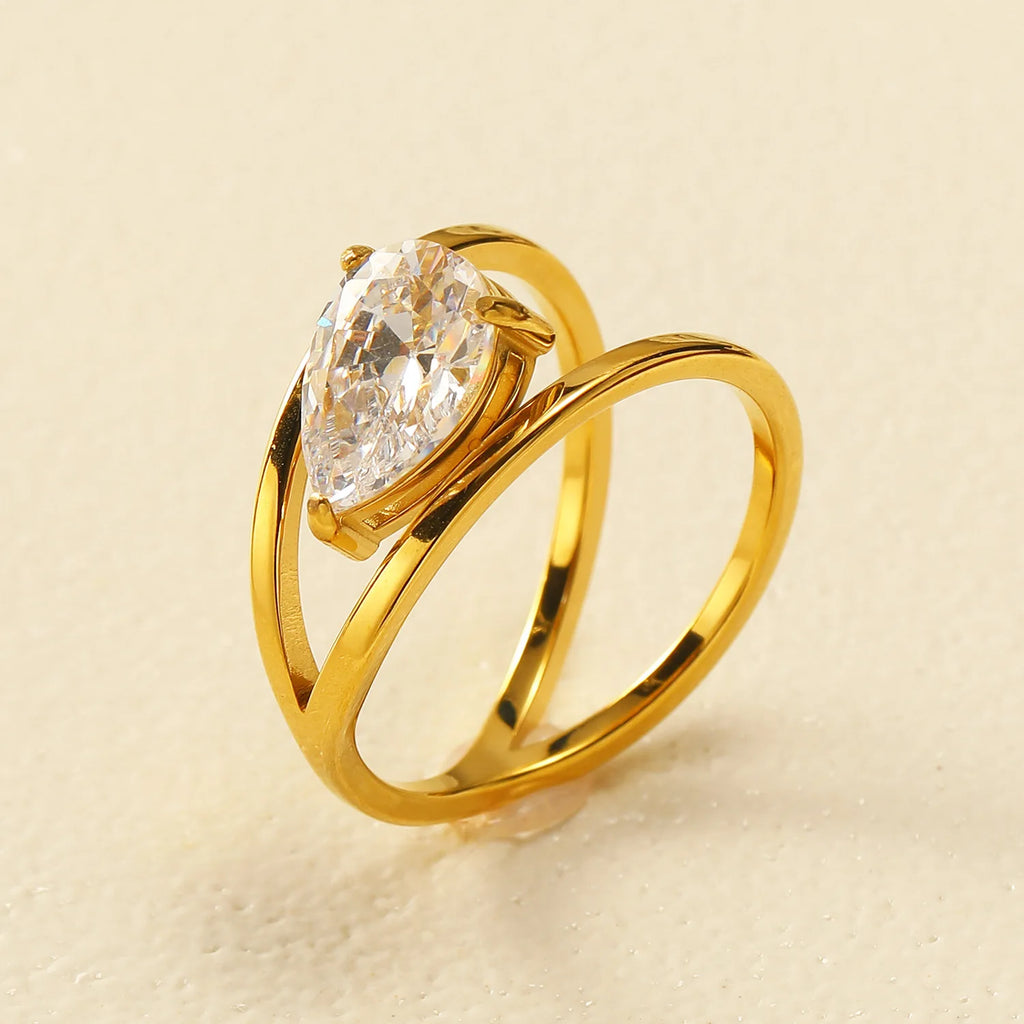 18k Gold Plated Stainless Steel Double Layer Circle Waterdrop Zircon Ring Women