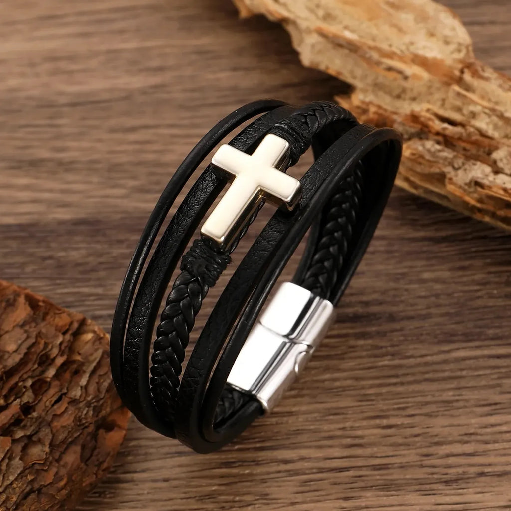 Hip Hop Punk Cross Double-Layer Handmade Woven Leather Adjustable Bracelet Men Women