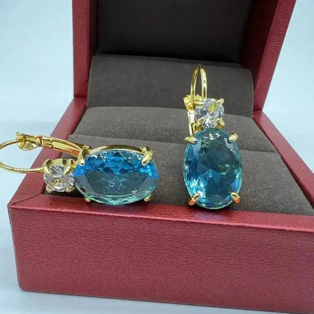 Luxury Geometric Blue Cubic Zirconia Crystal Drop Earrings Gold Zinc Alloy Jewelry