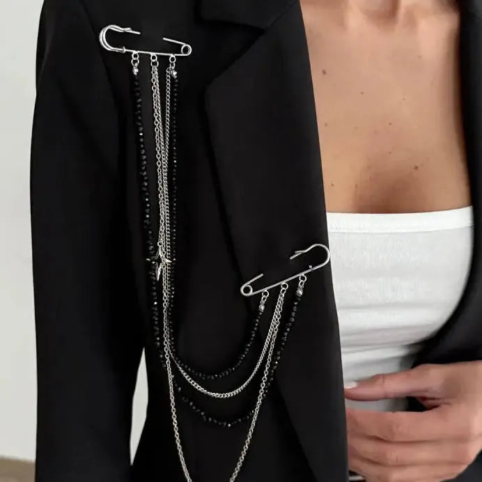 Star Pendant Tassel Brooch with Black Crystal Beads Zinc Alloy Jewelry Gift