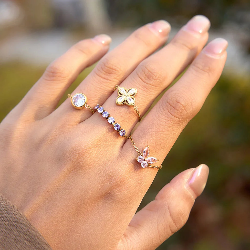 18k Gold Plated Stainless Steel Butterfly CZ Adjustable Geometric Ring for Women