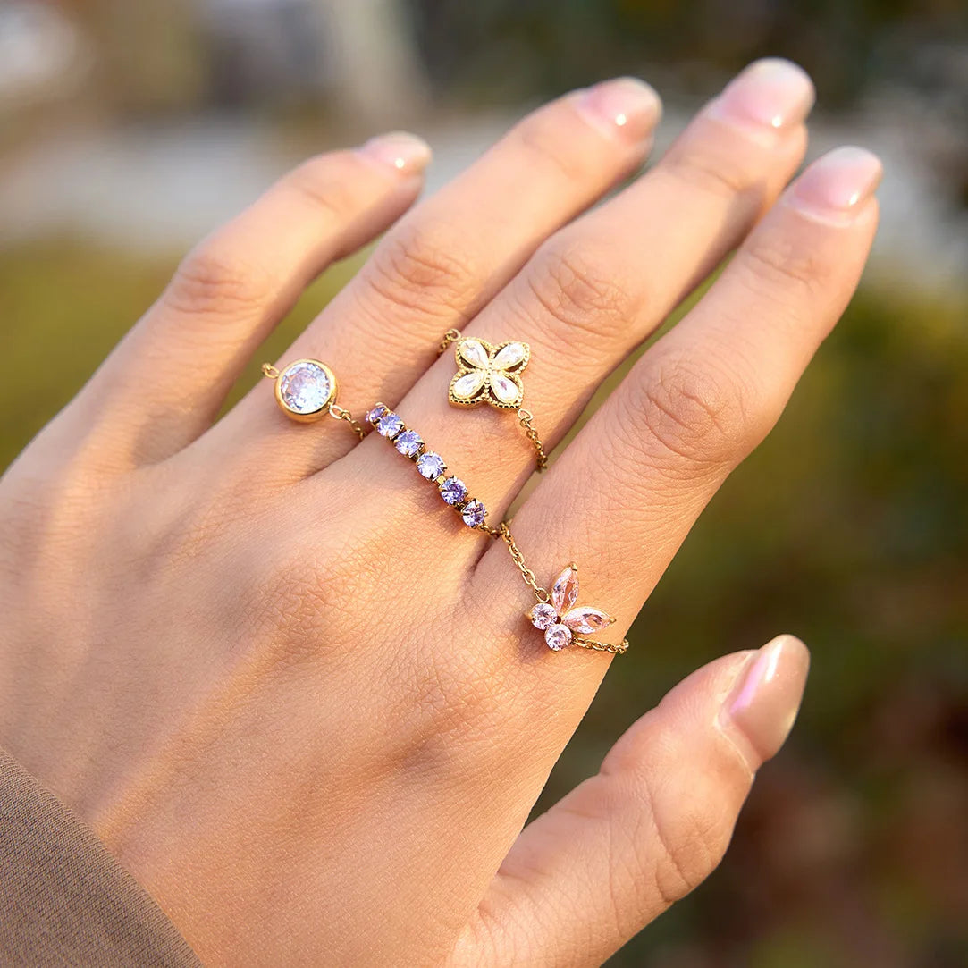 18k Gold Plated Stainless Steel Butterfly CZ Adjustable Geometric Ring for Women