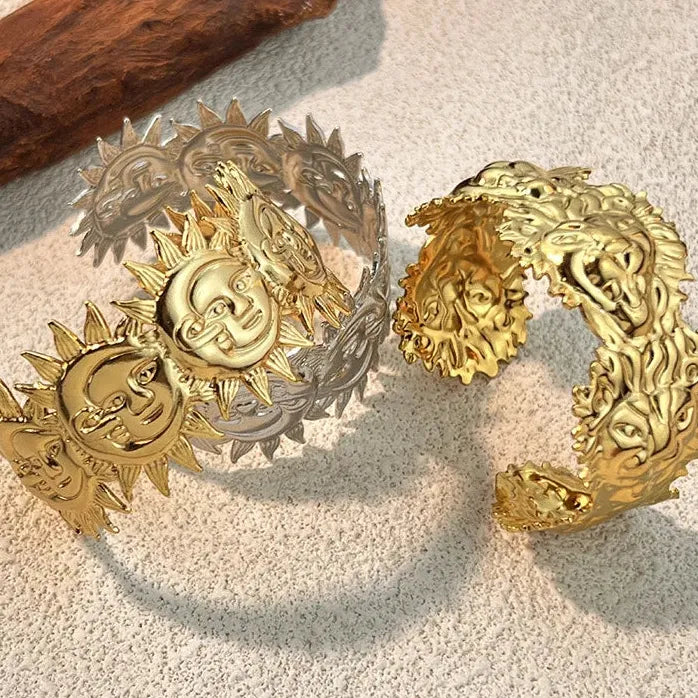Gold Plated Stainless Steel Punk Sun Lion Geometric Cuff Bracelet Unisex