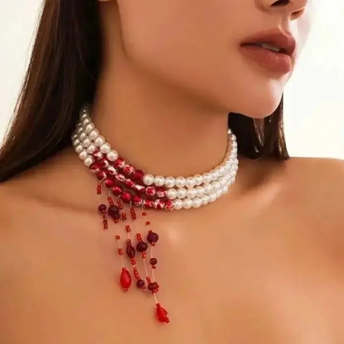 Vintage Red Blood Pattern Imitation Pearl Tassel Pendant Necklace for Women Goth Jewelry