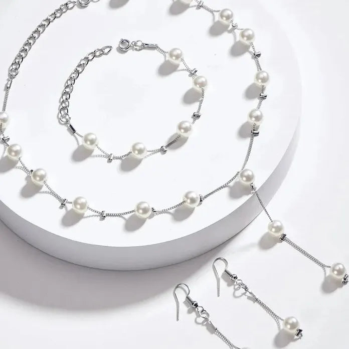 3Pcs Korean Gold Pearl Choker Necklace Earrings Set Fashion Jewelry