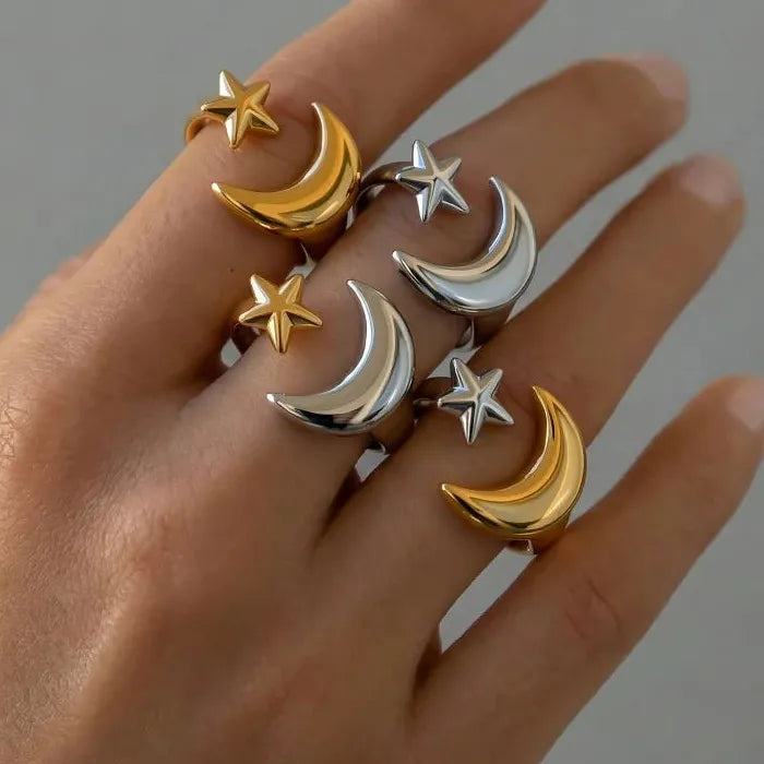 Adjustable Stainless Steel Gold Star Moon Ring for Women Celestial Gift