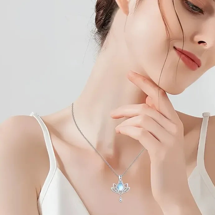 Lotus Pendant Necklace with Imitation Moonstone and Cubic Zirconia Charm