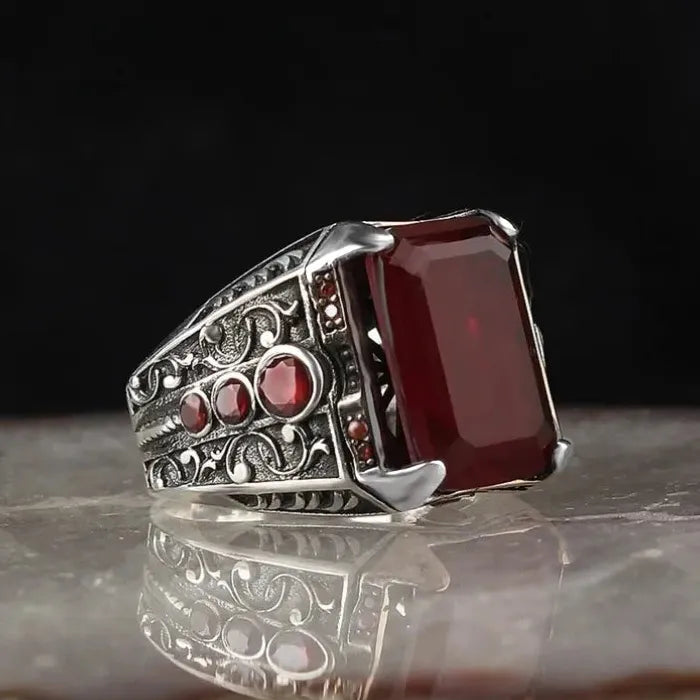 Men's Vintage Silver Zinc Alloy Signet Ring Red Zircon Carved Pattern Punk Biker