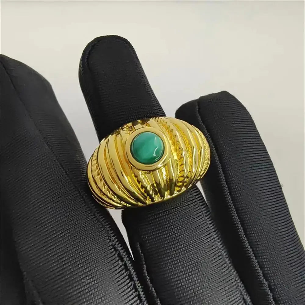 Retro Chunky Dome Ring for Women Green Natural Stone Lava Texture Stainless Steel Punk Jewelry