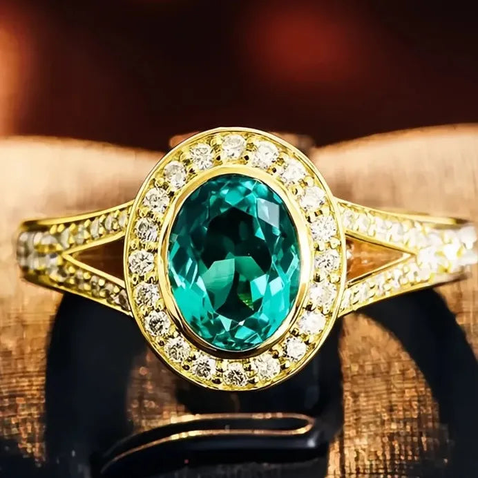 Elegant Gold Oval Blue CZ Cubic Zirconia Brass Women’s Fashion Ring