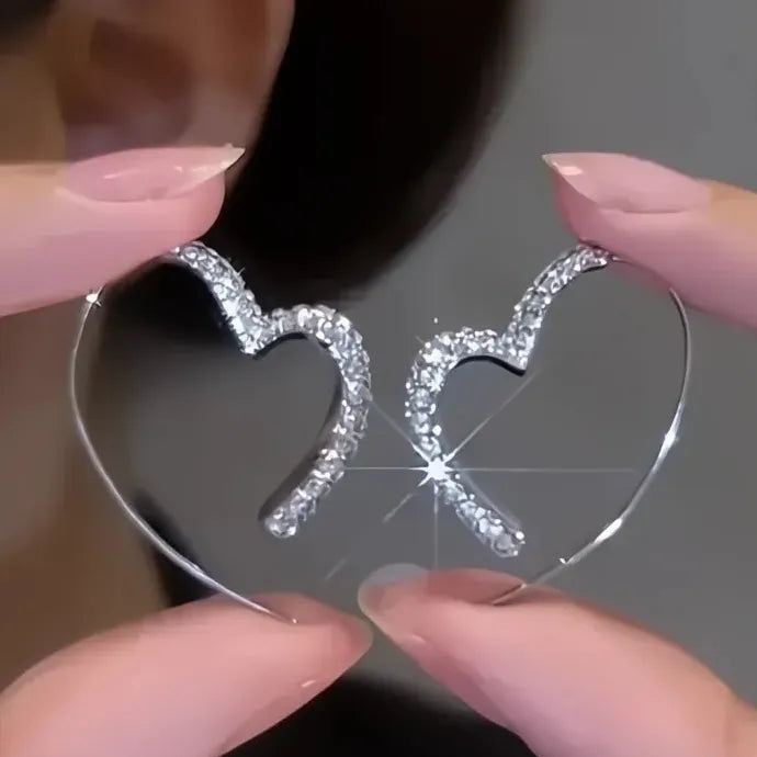 Silver CZ Heart Hoop Earrings for Women Copper Alloy Fashion Party Jewelry