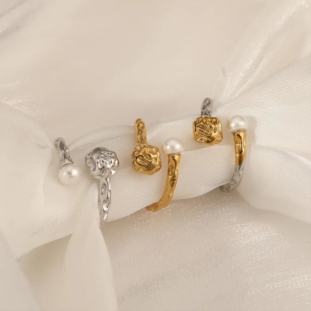 18K Gold Plated Lava Texture Pearl Ring Waterproof Designer Double Color Statement