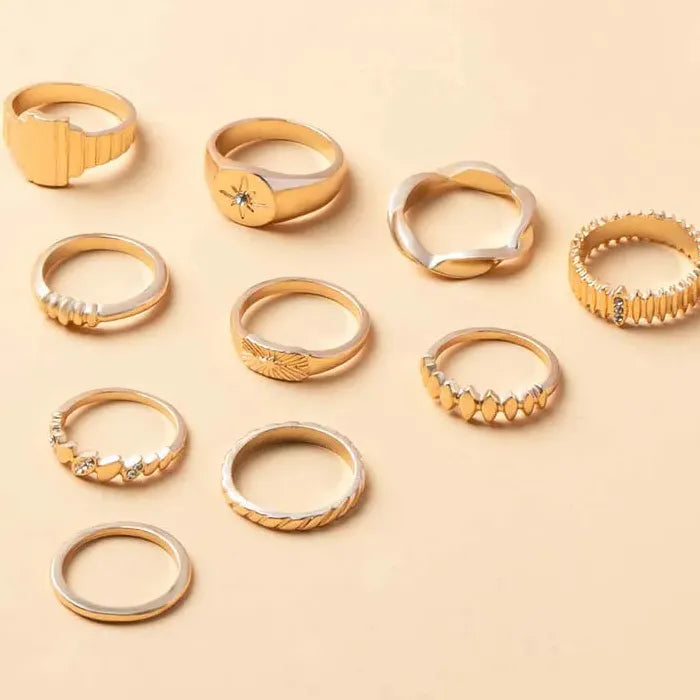 10Pcs Adjustable Gold Star Rings Set for Women Fashion Jewelry Crystal Inlay