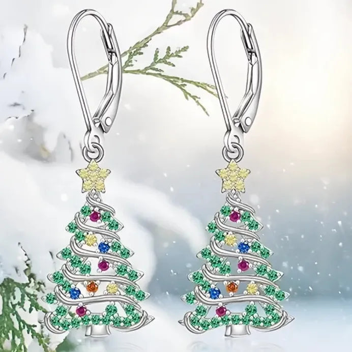 Elegant Bling Cubic Zirconia Christmas Tree Drop Earrings for Women Gift