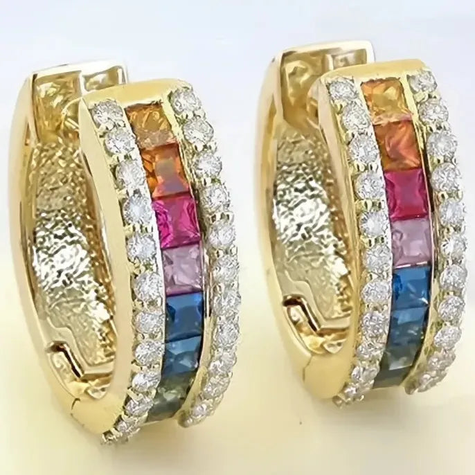 Geometric Multi-Color CZ Inlaid Copper Alloy Hoop Earrings for Party & Wedding
