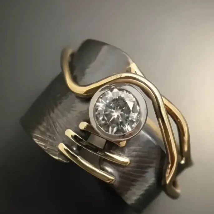 Geometric Brass Cocktail Ring with Cubic Zirconia for Women Party Jewelry