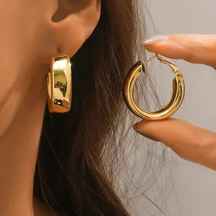 Gold C-Shaped Chunky Hoop Earrings Zinc Alloy Thick Huggie Jewelry Women