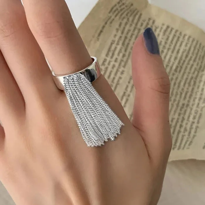 Adjustable Geometric Tassel Chain Ring for Women Stainless Steel Vintage Jewelry