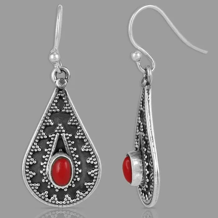 Bohemian Red Synthetic Stone Drop Earrings Women’s Retro Carved Geometric Jewelry