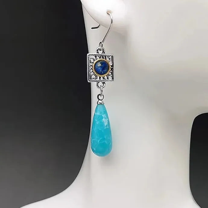 Retro Ethnic Style Two-Color Synthetic Stone Long Water Drop Earrings Zinc Alloy