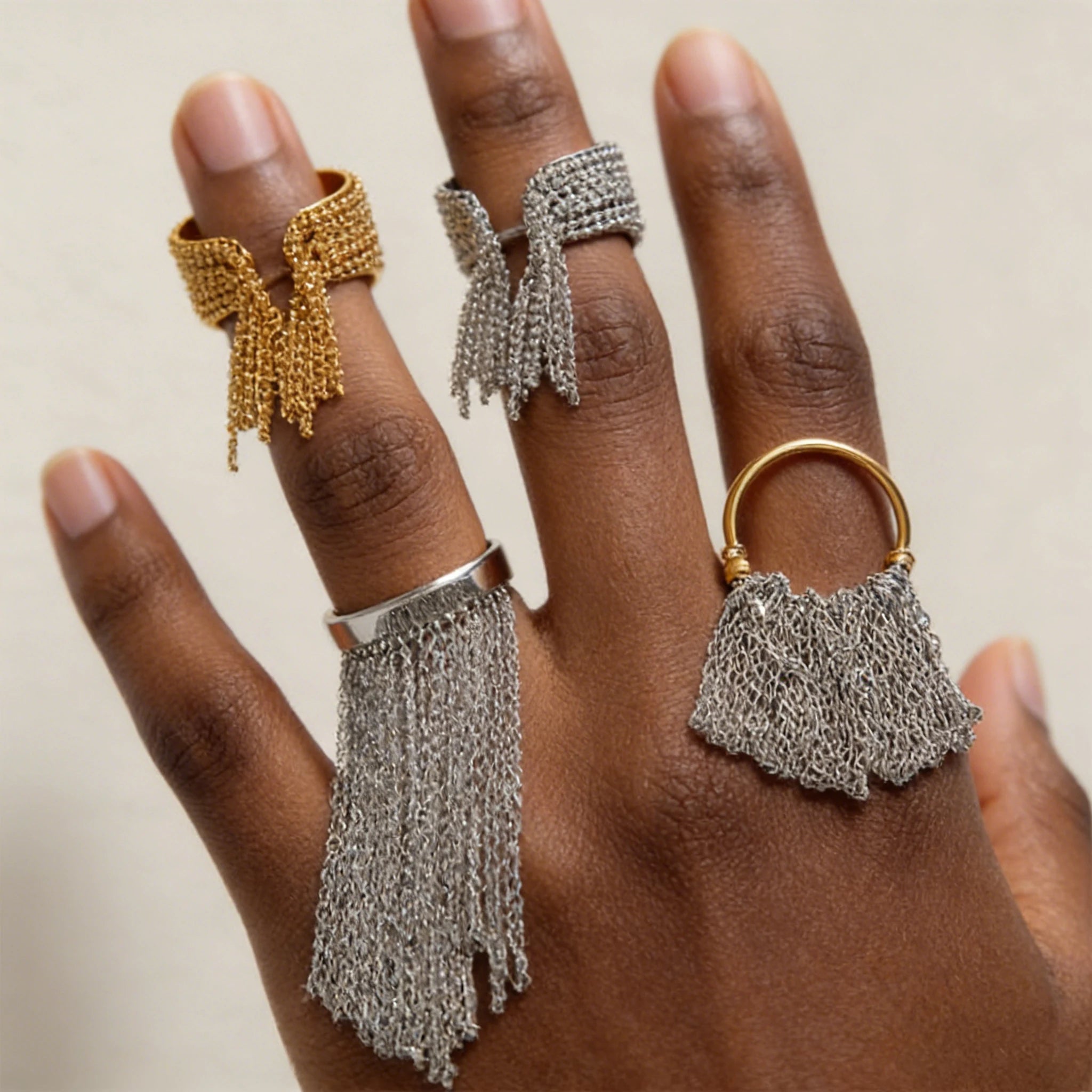 18k Gold Plated Stainless Steel Geometric Multi-Layer Tassel Chain Ring Women