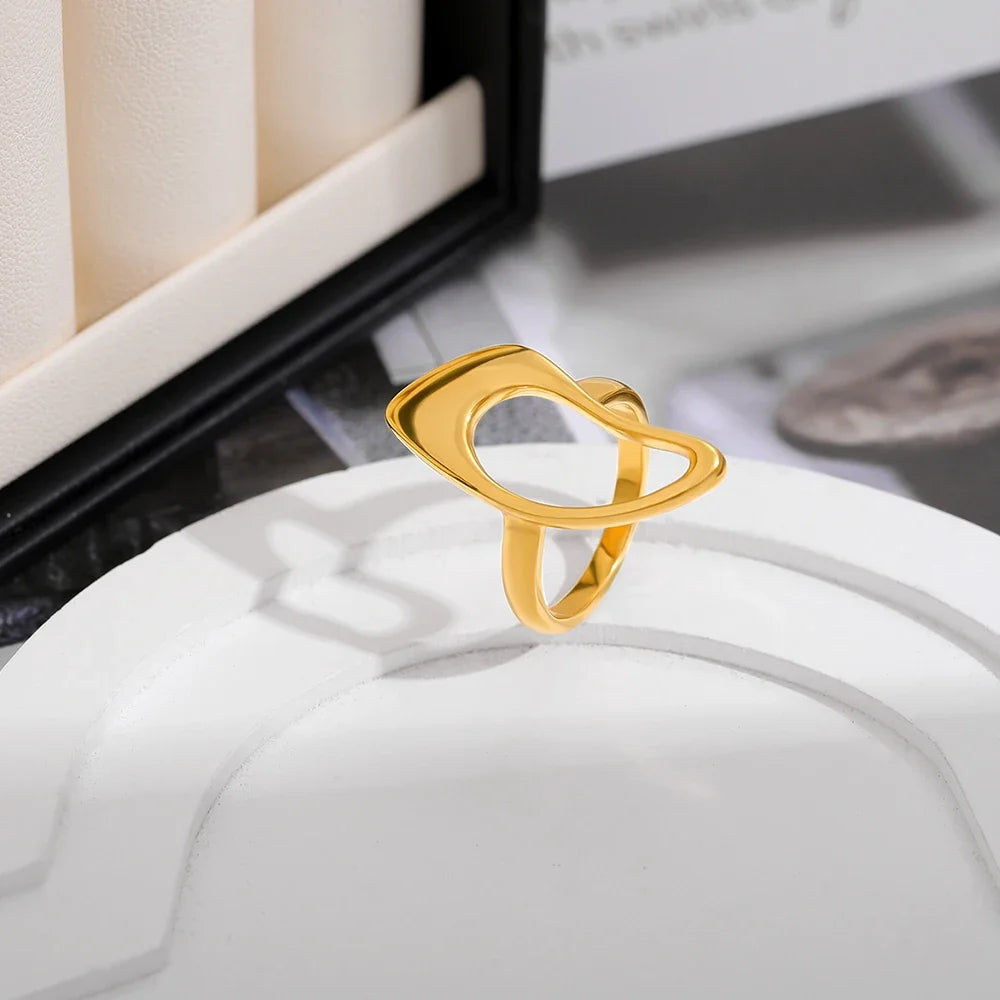 18k Gold Plated Stainless Steel Hollow Geometric Irregular Statement Ring for Women