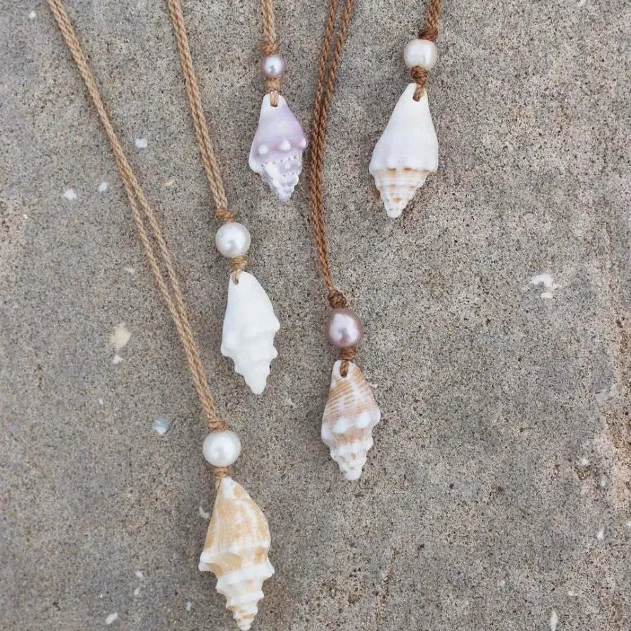 Handmade Freshwater Pearl Necklace Small Conch Shell Pendant Rope Choker