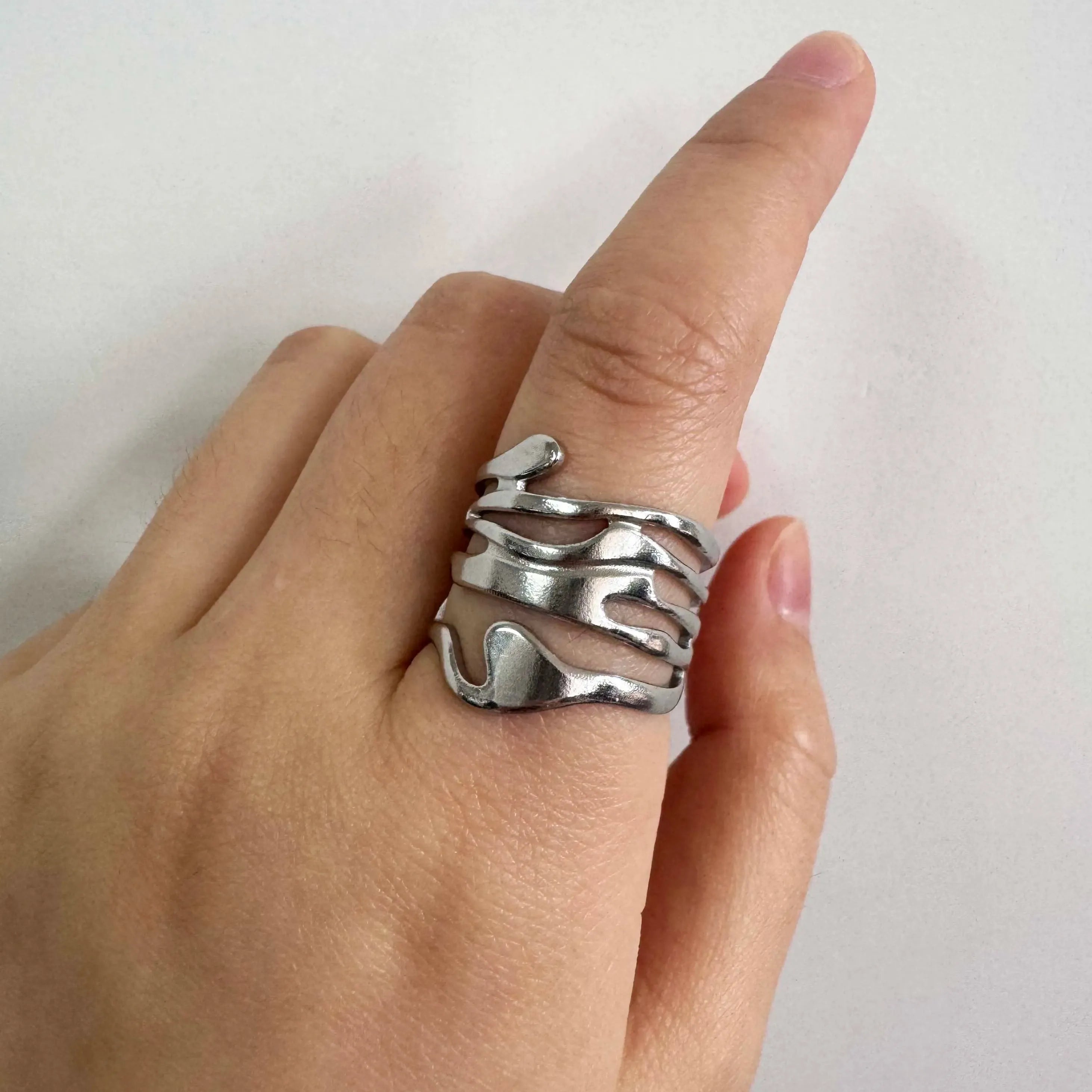 Adjustable Stainless Steel Starfish Multi-Layer Vintage Silver Ring for Women Men Jewelry