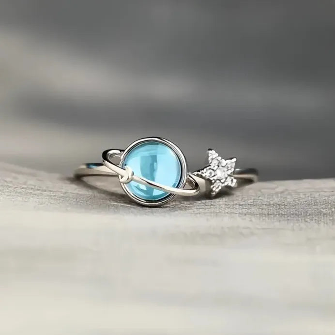 Geometric Blue Planet & Silver Star Pave Opening Rings for Women Gift