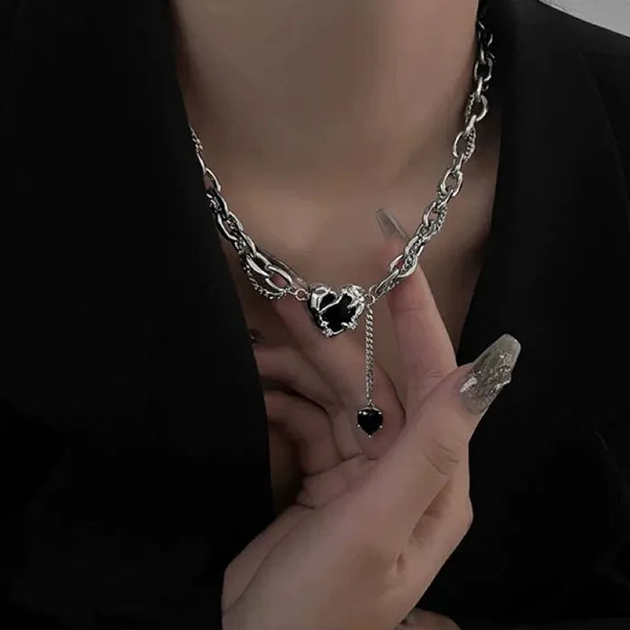 Black Zircon Heart Star Sun Pendant Zinc Alloy Choker Necklace Y2K EMO Vintage