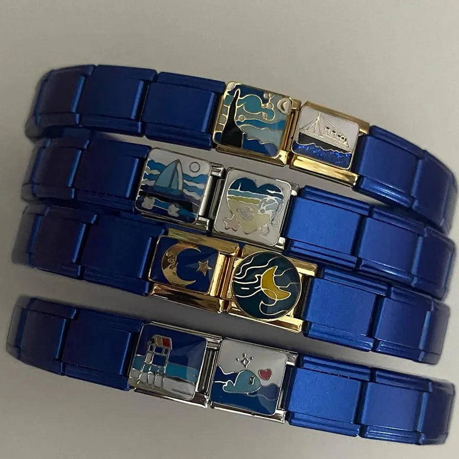 Ocean Series 18k Gold Plated Stainless Steel Charm Bracelet Unisex Dolphin Shark Sailboat