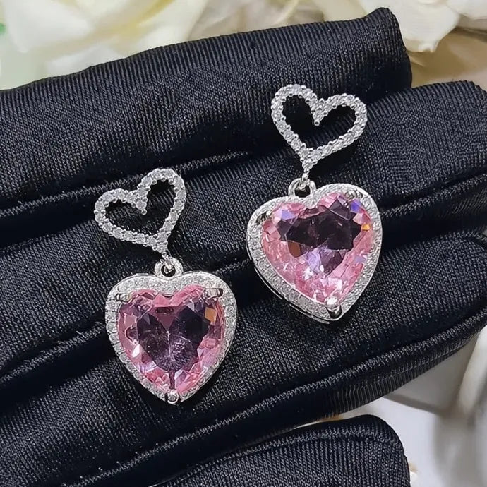 Pink Heart Cubic Zirconia Copper Alloy Earrings for Women Engagement Wedding