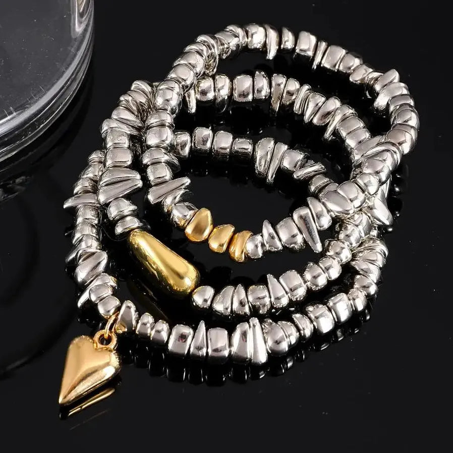 Vintage Heart Shaped Geometric Silver Bead Stretch Bracelet for Women Gift