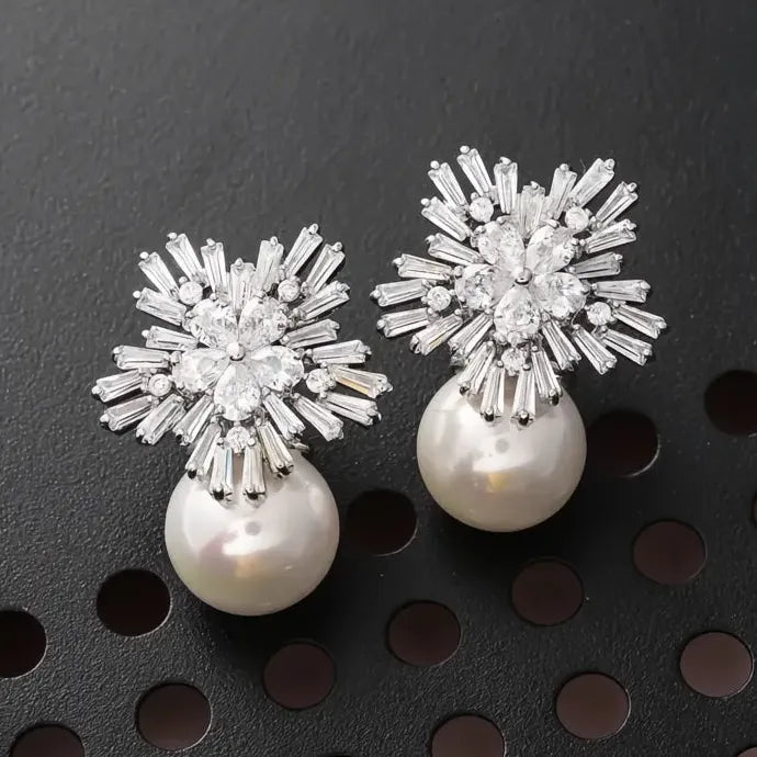 Simulated Pearl & Cubic Zirconia Geometric Drop Earrings for Women Brass Alloy