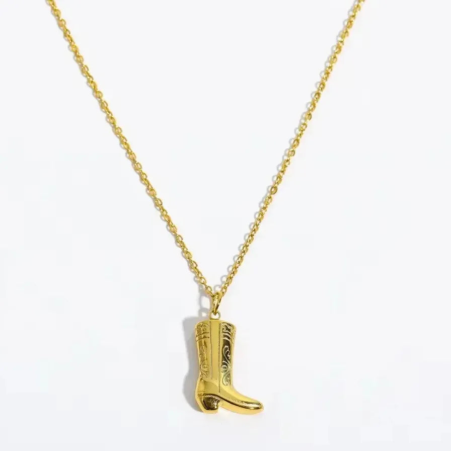 Stainless Steel Waterproof Cowboy Boot Choker Necklace Gold Rhinestone Star Pendant Jewelry