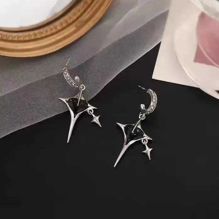 Star Cross Drop Earrings Black Zircon Heart Jewelry for Women Girls