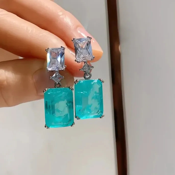 Blue Geometric Cubic Zirconia Drop Earrings Elegant Wedding Gift Jewelry